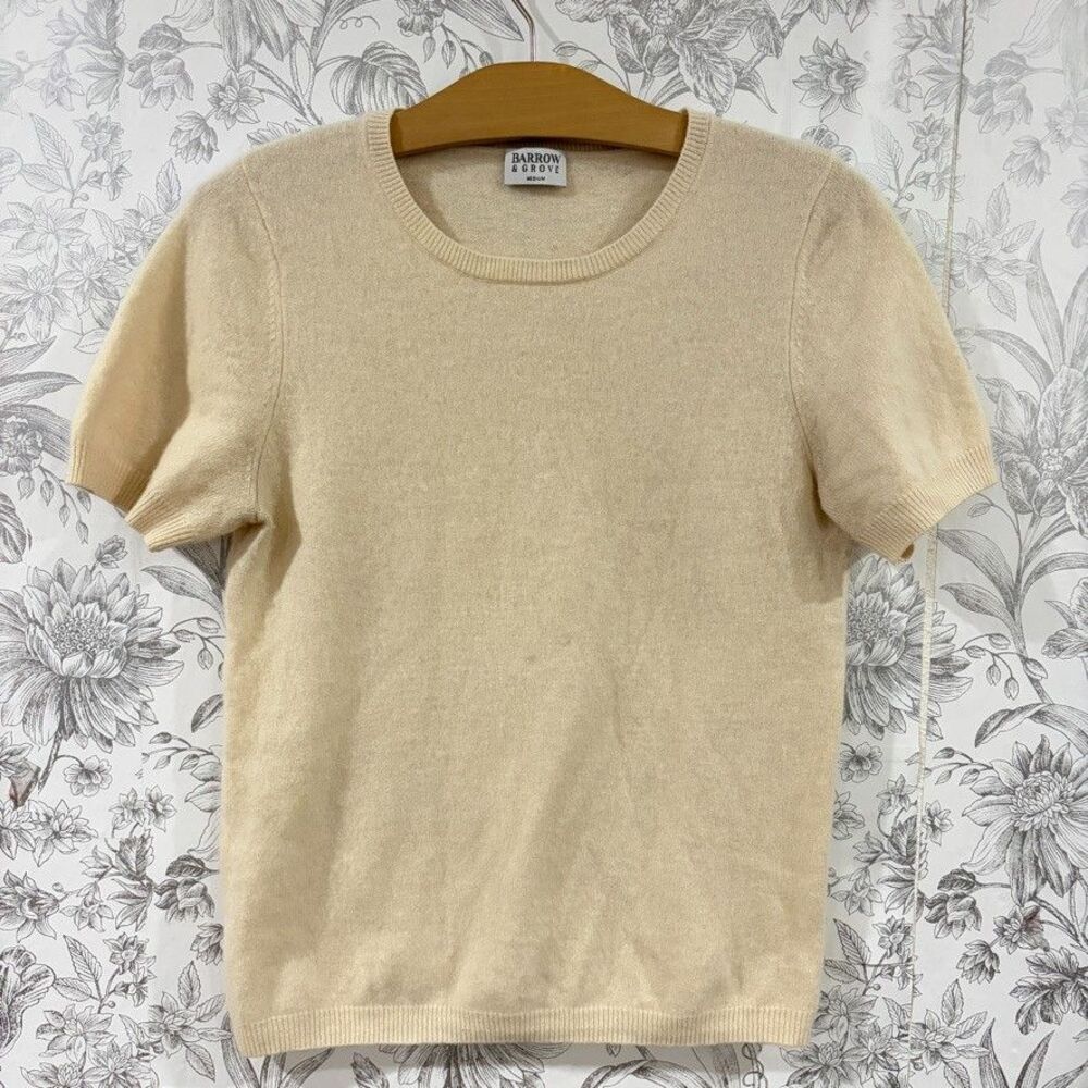 Barrow & Grove Womens Cashmere Crew Neck Short Sleeve Cream Short Sleeve Size M